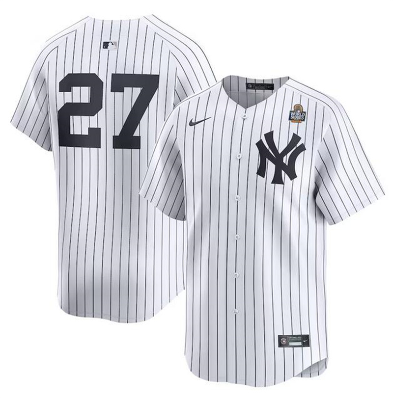 Men's New York Yankees #27 Giancarlo Stanton White 2024 World Series Home Limited Stitched Baseball Jersey Men's New York Yankees #27 Giancarlo Stanton White 2024 World Series Home Limited Stitched Baseball Jersey